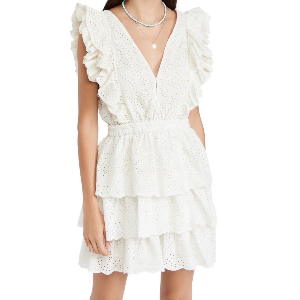 Love the Label Ecru Eyelet Cream Ruffle Mini Dress V-Neck Tiered Cotton Size M